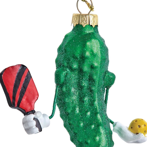 Kurt Adler Glass Pickleball Christmas Holiday Green Pickle Ornament 3 Inch - Picture 2 of 3